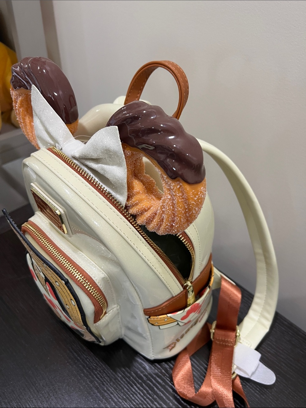 Loungefly Cream Mickey churro Ear Mini Backpack with Glitter Bow headband - Picture 2 of 3